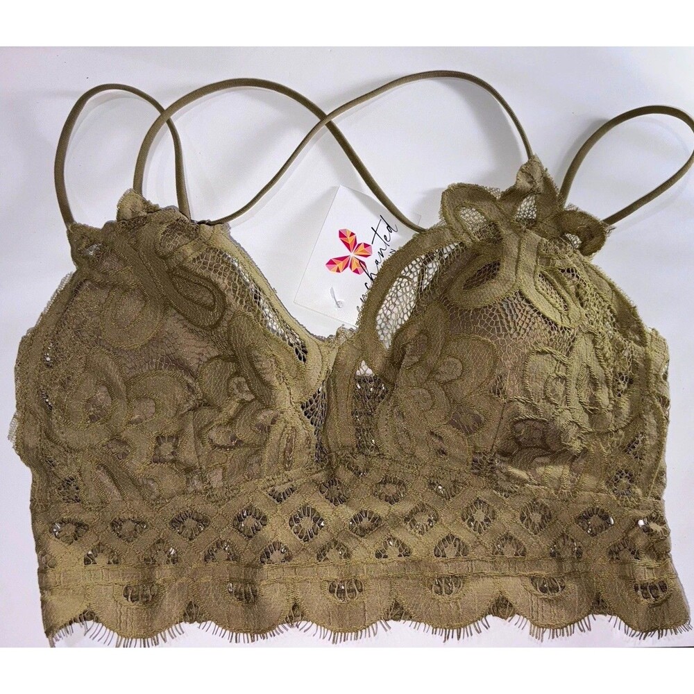 COLOR ALIEN Green Floral Lace Sheer Wireless Bralette Bra Spaghetti Straps M